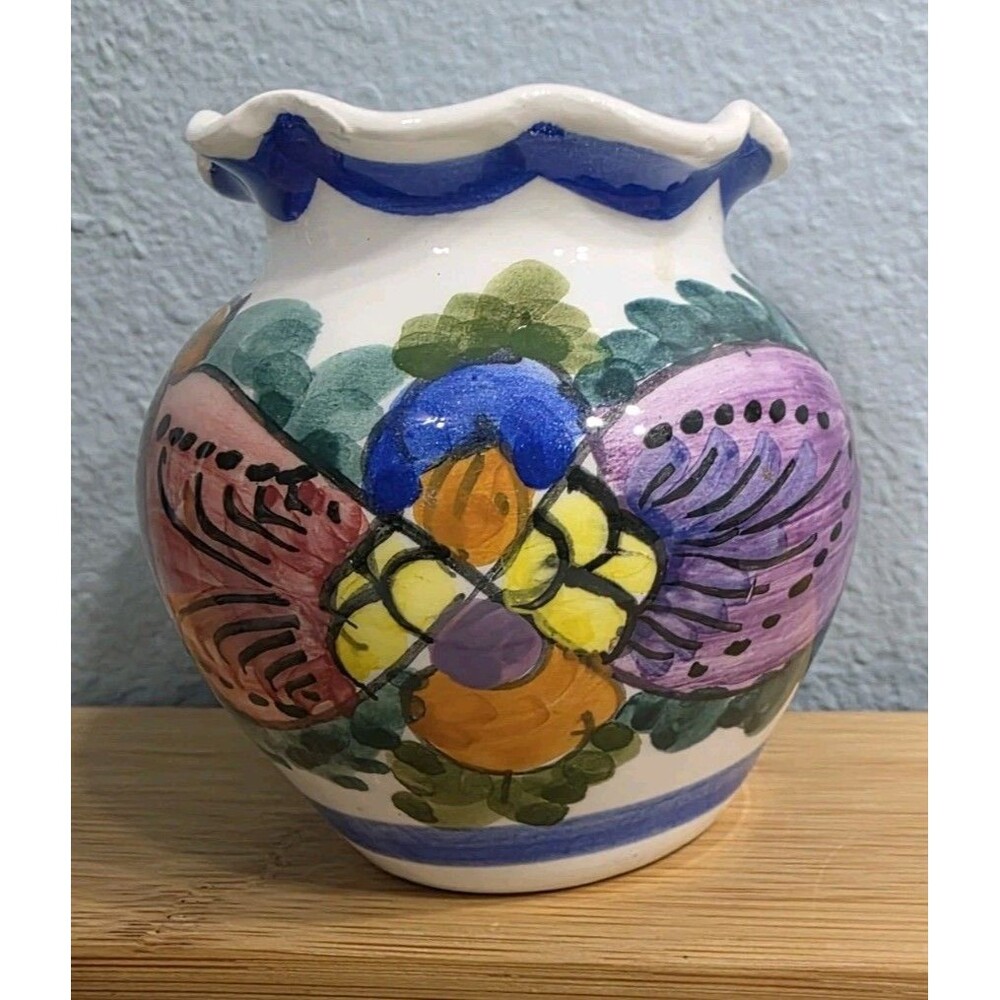 Skyros Vase Colorful Handpainted Ruffle Top Decorative Signed Artist Greece 3.5"